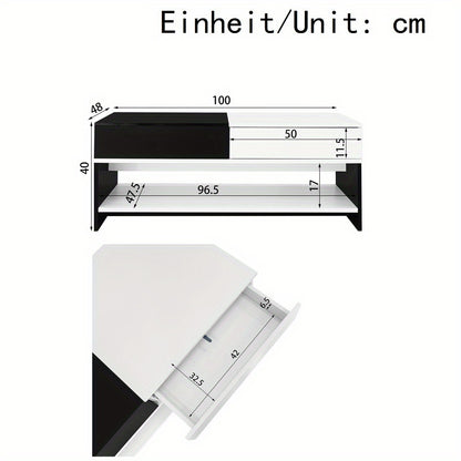 Salontafel – Koffietafel – Woonkamertafel – Bijzettafel – Tafel – Zwart-Wit Design – Hoogglans Tafelblad – Compact 100x48x40 cm