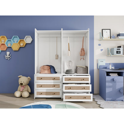 Boho Kast – Kledingkast – Opbergkast – Dressoir – Ladekast – Wit Met Rattan Accenten – 180 cm Hoog – MDF Met Melamine Coating