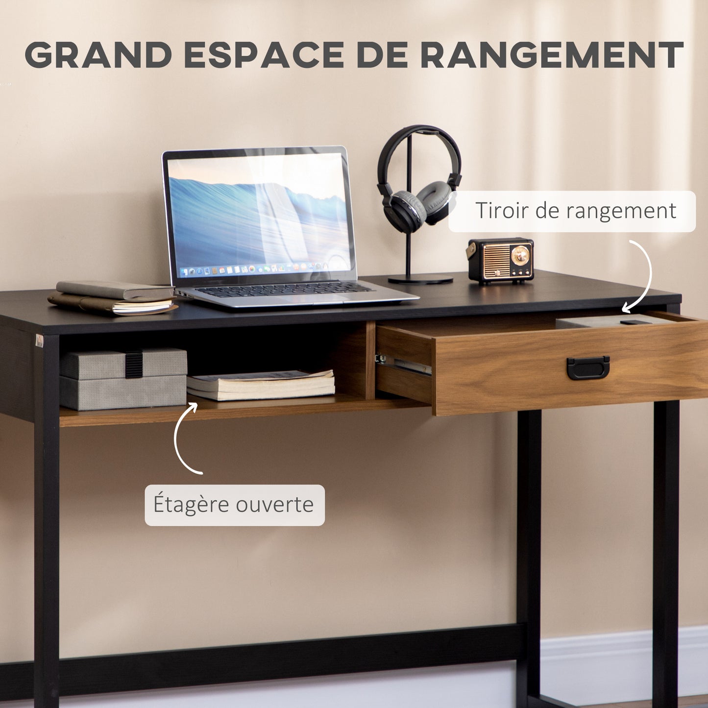 Computertafel – Computerbureau – Bureautafel – Laptoptafel – Werkbureau – Industrieel Design – Groot Werkblad 110x50 cm – Walnoothout Look Met Lade