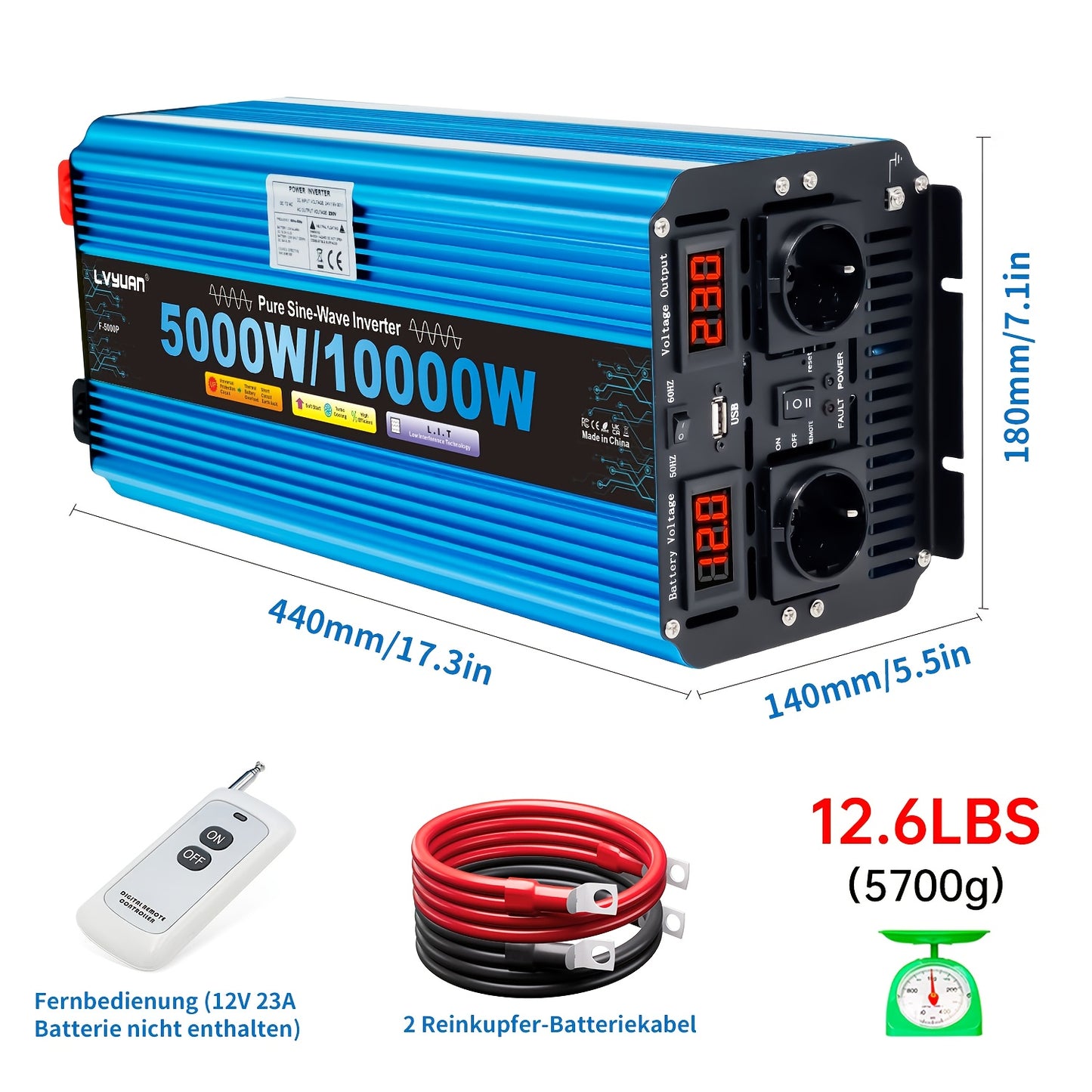 Zuivere Sinusgolf Omvormer – Stroomomzetter – Converter – Inverter – Spanningsomzetter – 12V 5000W – 10000W Piekvermogen – Afstandsbediening & LED-Display