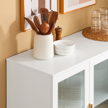 Keukenkastje – Keukenkast – Opbergkast – Buffetkast – Ladeskast – Wit Met Gouden Details – 3 Lades En 2 Glazen Deuren – MDF En Metaal