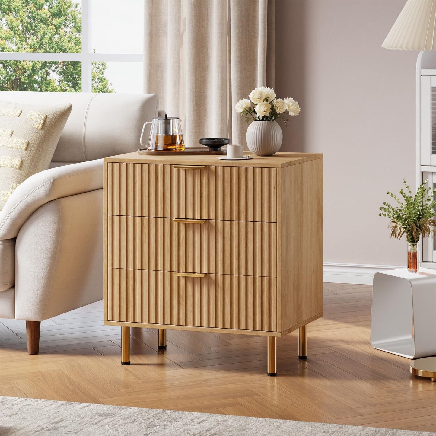 Nachtkastje – Bedside Table – Nachtkast – Opbergkastje – Ladenkast – Mid-Century Modern Design – Natuurlijk Eikenhout – 3 Ruime Lades – Compact 70x40x75 cm