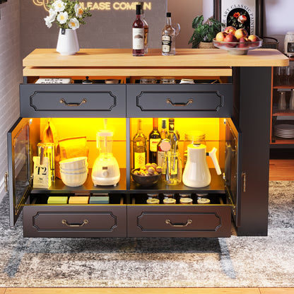 Uitklaptafel – Klaptafel – Vouwtafel – Bartafel – Eettafel – Uitschuifbaar 135-203 cm – Opbergruimte – 360° Draaibaar – Modern Zwart Metaal & Glas