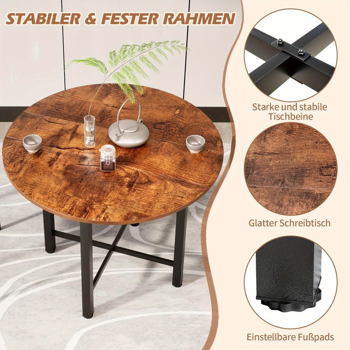 Foldable Round Dining Table - 75cm High, Brown Wooden Kitchen Table for 2-4 People, Rustic Style with Metal Legs, Engineered Wood Top, Perfect for Living Room or Dining Room, Easy Assembly, No Power Needed, Dining Table for Living Room, JoliJour