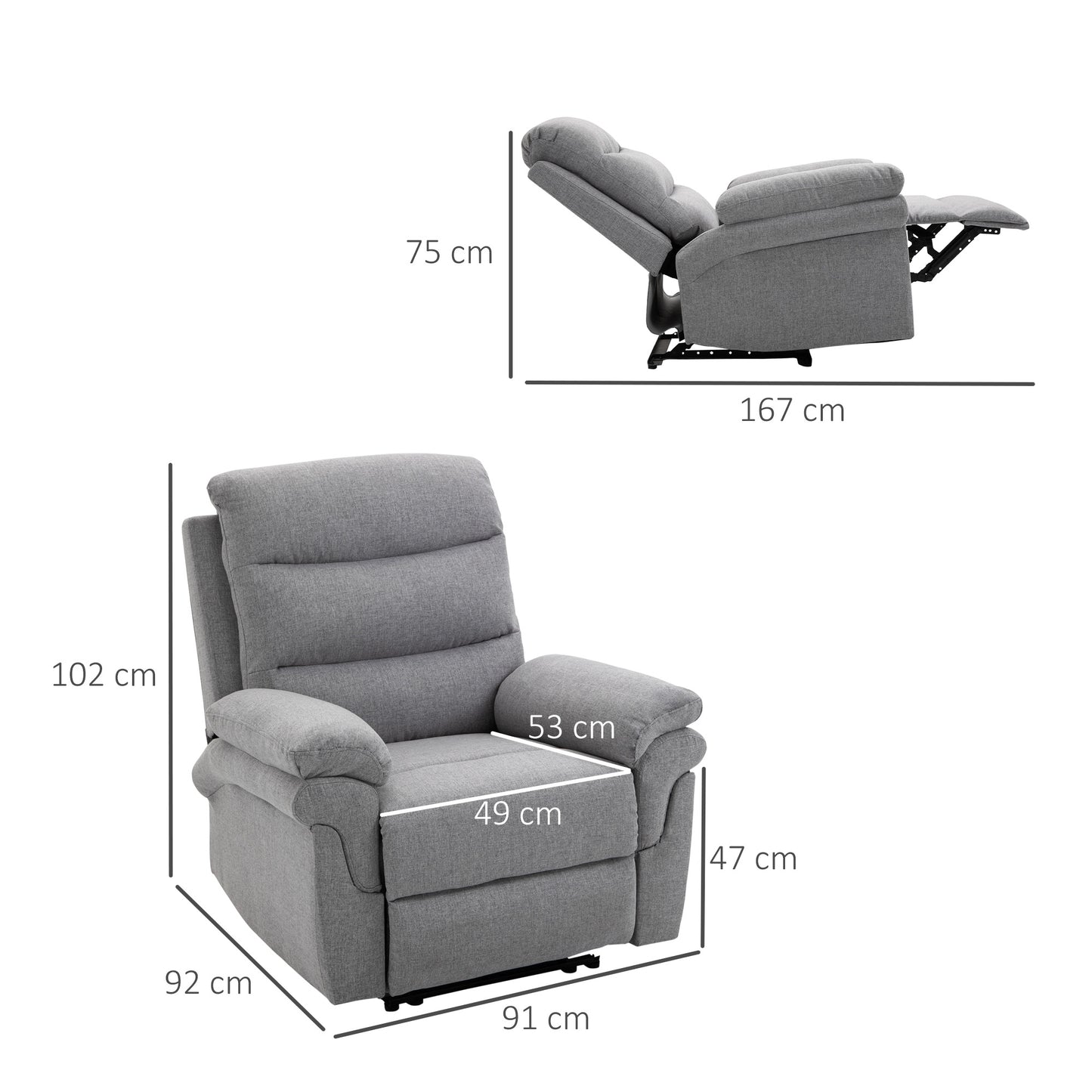 Relaxfauteuil – Verstelbare Loungefauteuil – Ligstoel – Tv-fauteuil – Zithoekstoel – Verstelbare Rugleuning 165° – Linnen Stof Lichtgrijs 91x92x102 cm