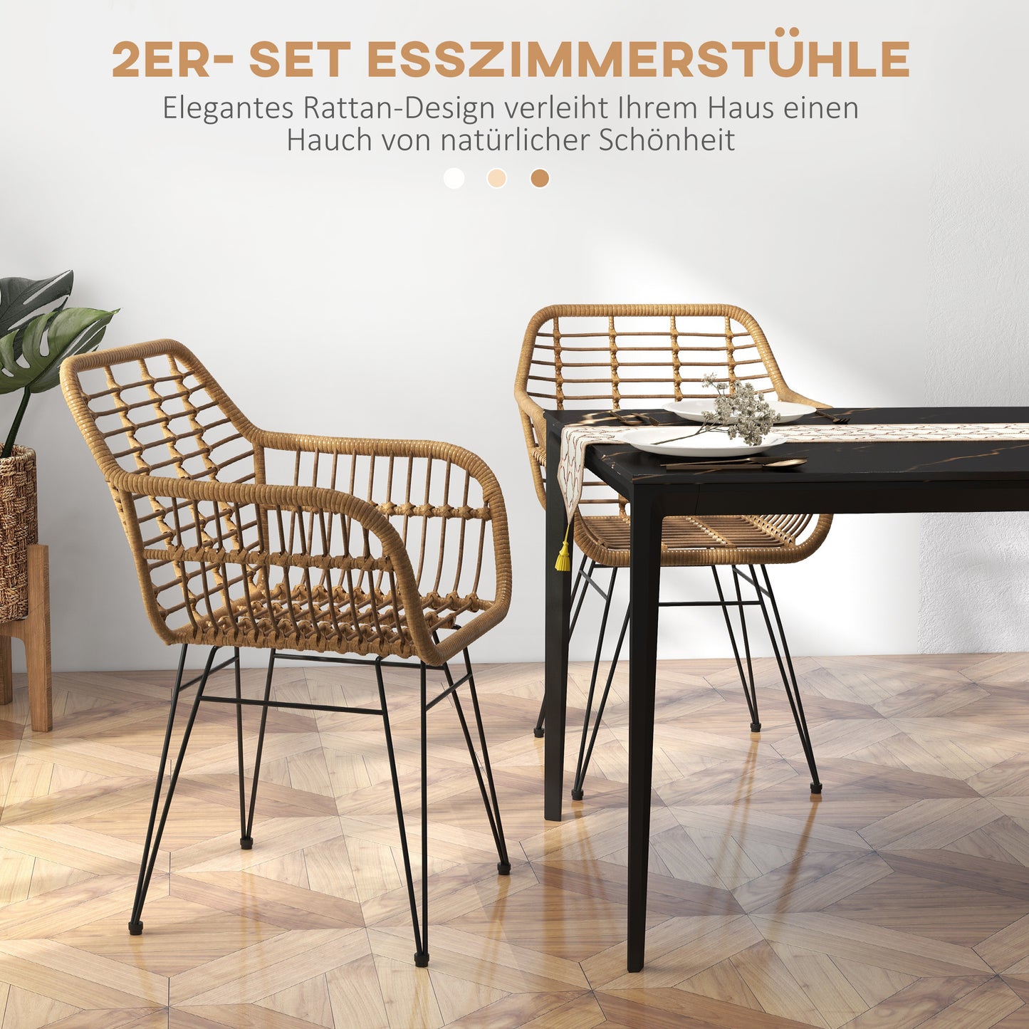 Eetkamerstoel – Keukenstoel – Bistrostoel – Rattan Stoel – Boho Stoel – PE Rattan Materiaal – Stevig Zwart Frame – Set Van 2 – Natuurlijk Bruin