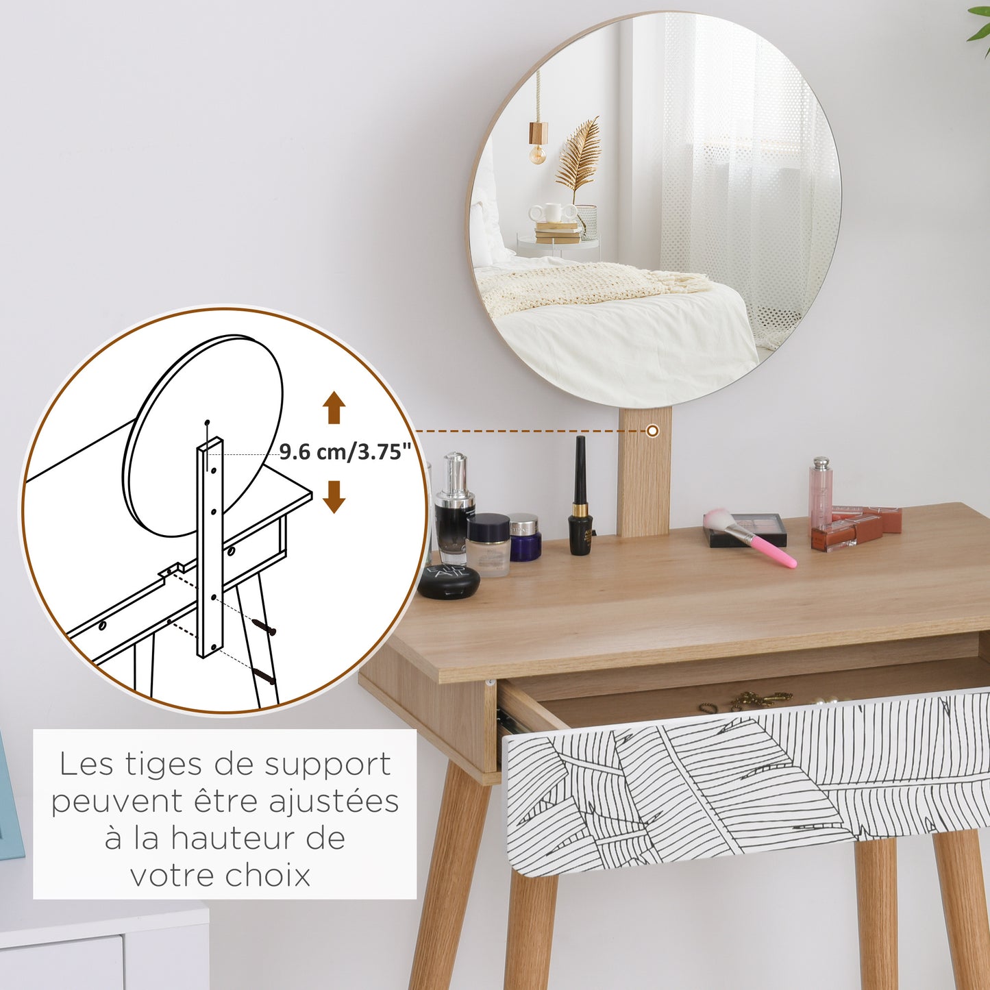 Kaptafel – Make-uptafel – Dressing Table – Make-up Tafel – Cosmetica Kast – Scandinavisch Design – Grote Spiegel Ø 39 cm – Verstelbare Hoogte 119-128 cm
