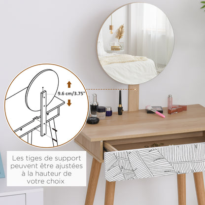 Kaptafel – Make-uptafel – Dressing Table – Make-up Tafel – Cosmetica Kast – Scandinavisch Design – Grote Spiegel Ø 39 cm – Verstelbare Hoogte 119-128 cm