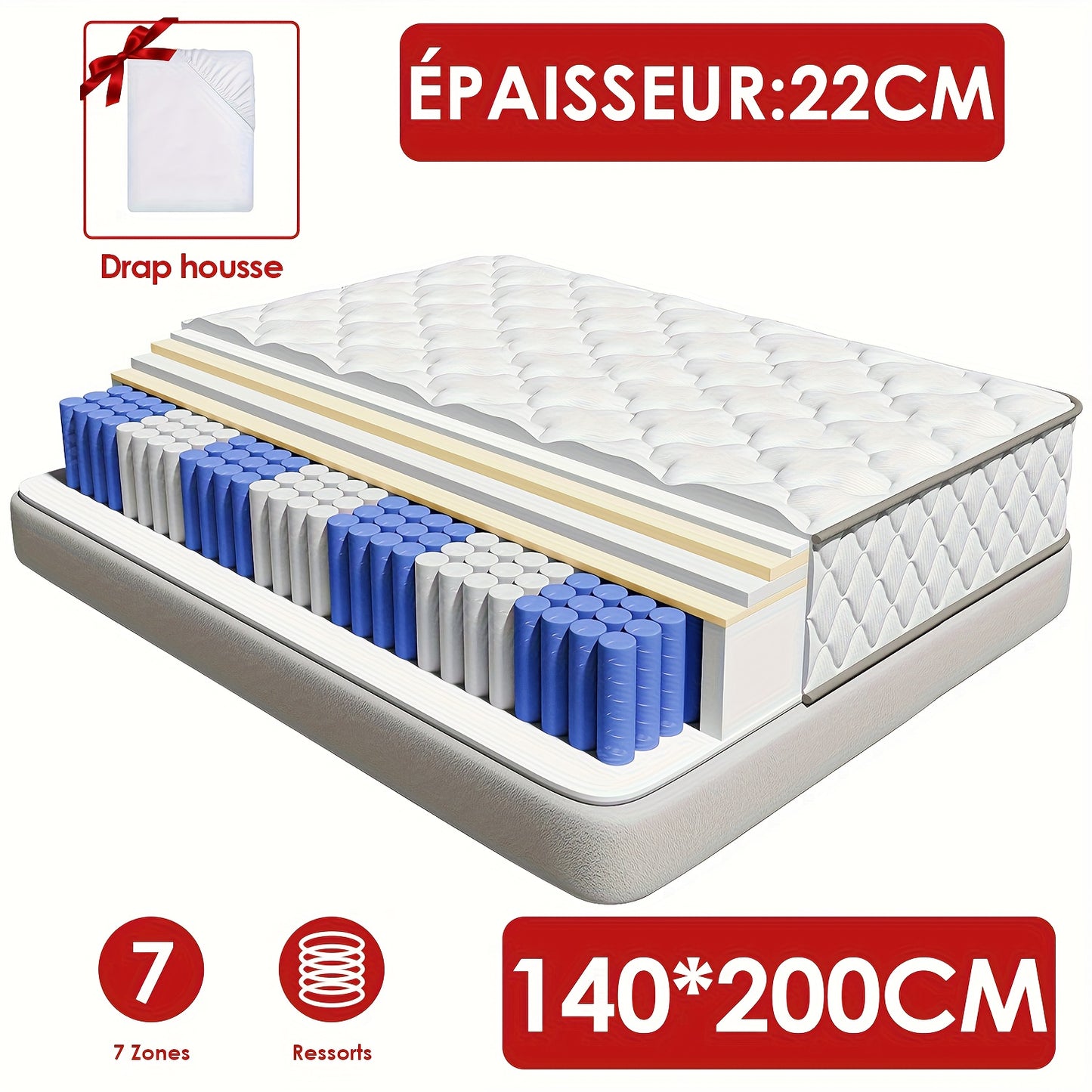 Matras – Pocketveringmatras – Tweepersoonsmatras – 7-Zones Matras – Ergonomisch Matras – 140x200 cm – 22 cm Hoogte – Stevige H3 Stevigheid