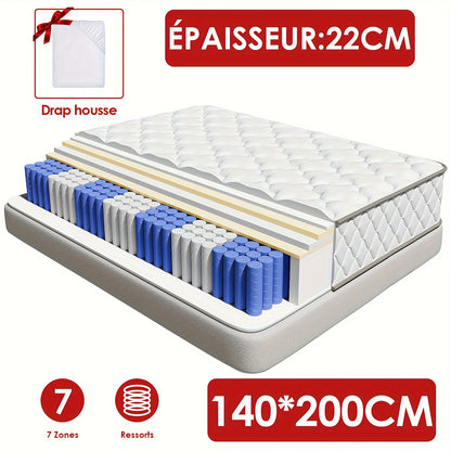 Matras – Pocketveringmatras – Tweepersoonsmatras – 7-Zones Matras – Ergonomisch Matras – 140x200 cm – 22 cm Hoogte – Stevige H3 Stevigheid
