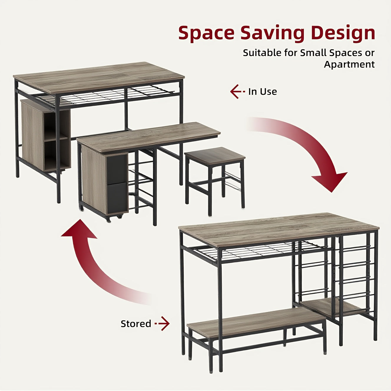 Eettafelset – Tafel met Banken – Eettafel 4 Personen – Compacte Tafelset – Multifunctionele Tafel – Inclusief Wijnrek & Opbergruimte – Rustiek Design – Bruin