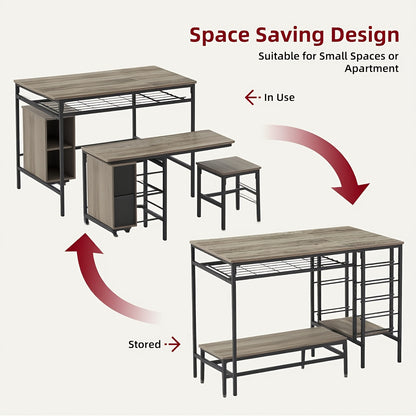 Eettafelset 4 Personen – Tafel Met Banken – Keukentafel – Dinette Set – Compacte Eetkamermeubels – Met Opbergruimte En Wijnrek – Rustiek Grijs – Ruimtebesparend Design