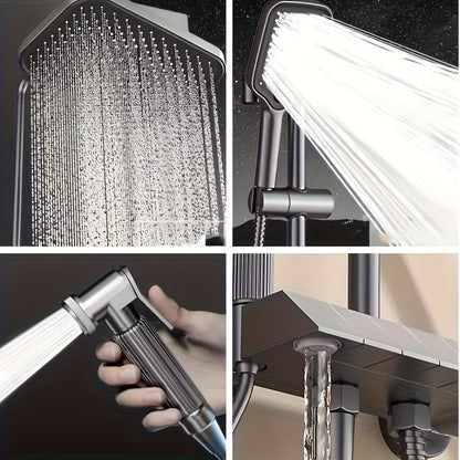 Gunmetal Grijze Douche Set – Regendouche – Handdouche – Badkranen – Douchekraan – 8 Inch Regendouchekop – 4-Function Badkraaanset – Messing Mengkraan – Wandmontage – Inclusief Doucheverlichting