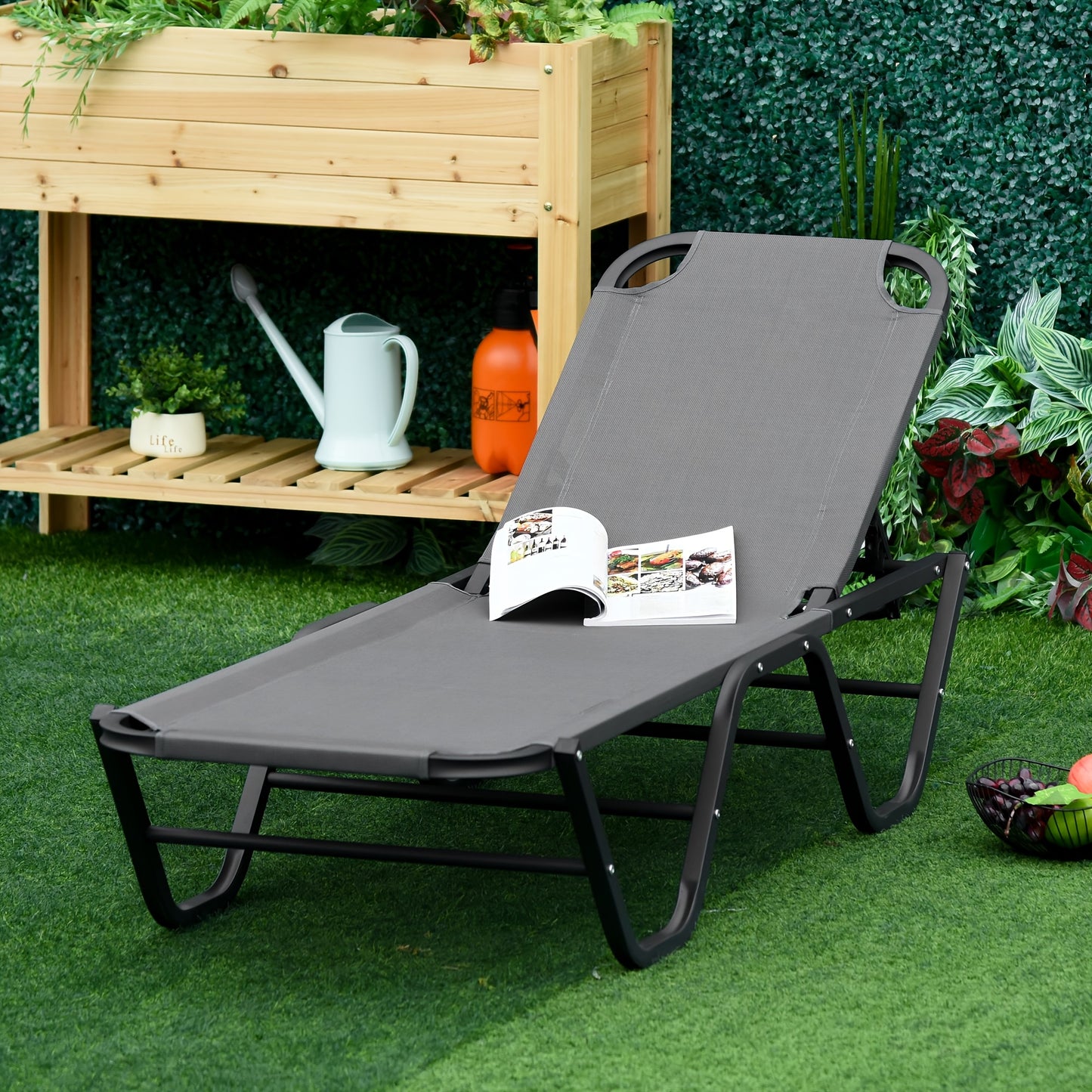 Vouwstoel – Ligstoel – Tuinstoel – Strandstoel – Buitenstoel – Aluminium Frame – 5 Verstelbare Secties – Grijs Zwart – 163x58,5x91 cm