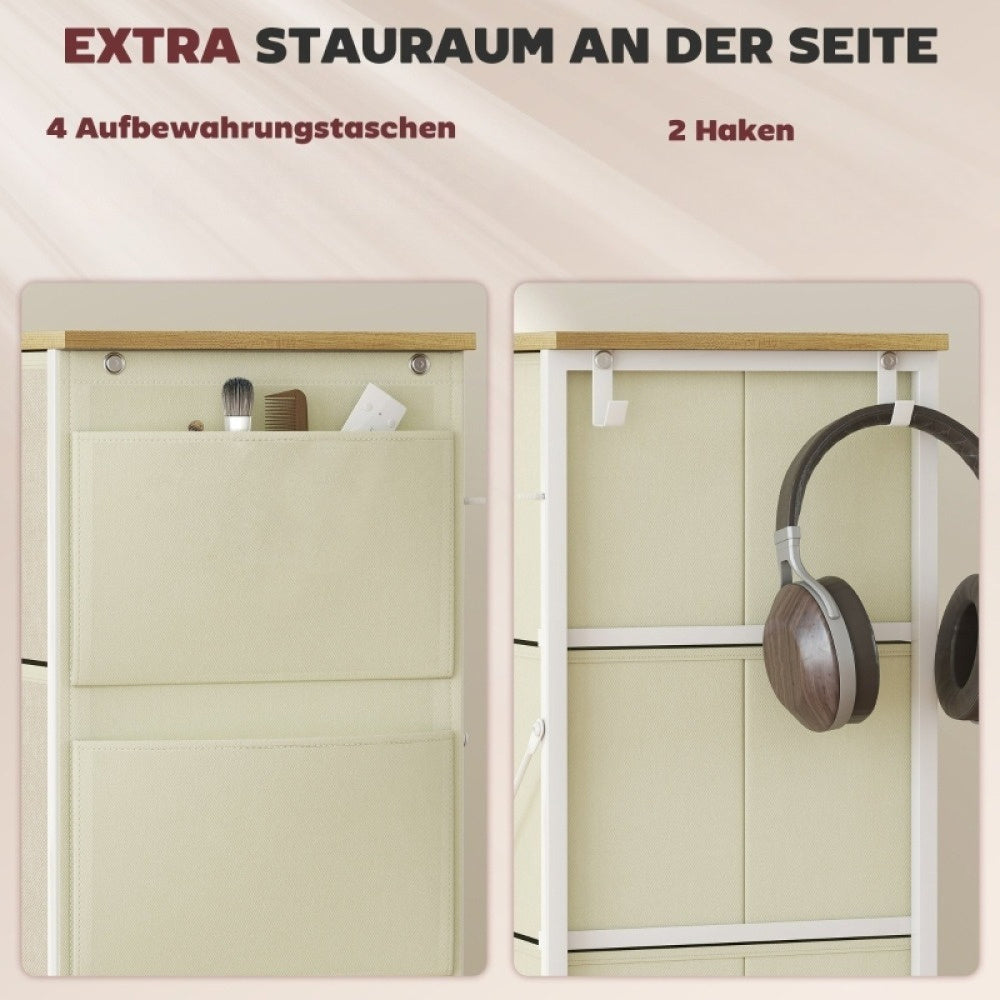 Ladekast – Ladekasten – Opbergkast – Kast – Ladenkast – 8 Stoffen Lades – Stalen Frame – Smal Verticaal Ontwerp – Antikantel Veilig – Inclusief 4 Opbergvakken en 2 Haakjes – Zwart-Wit Design – 68,5 cm Hoog – Duurzaam en Modern