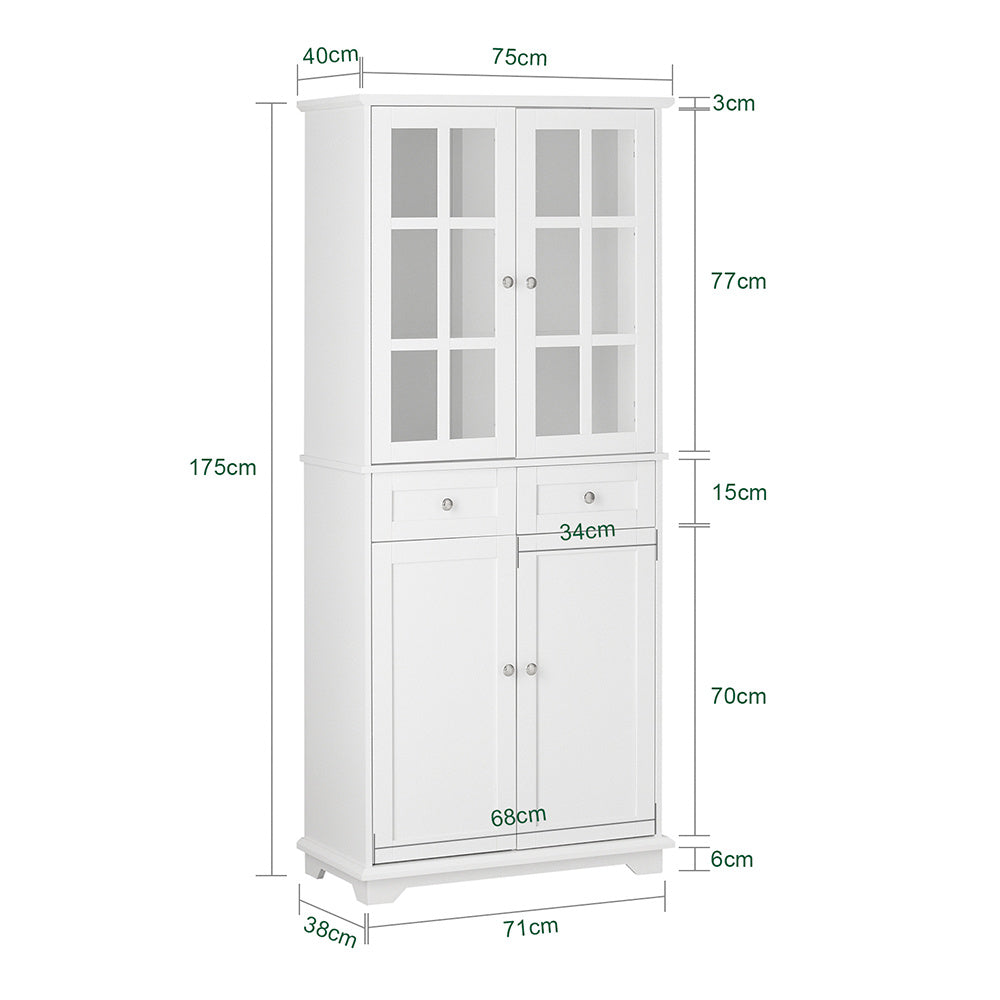 Dressoir – Buffetkast – Opbergkast – Ladekast – Commode – 75x40x175 cm – Wit MDF met Glas – Anti-Kantel Veiligheidsysteem