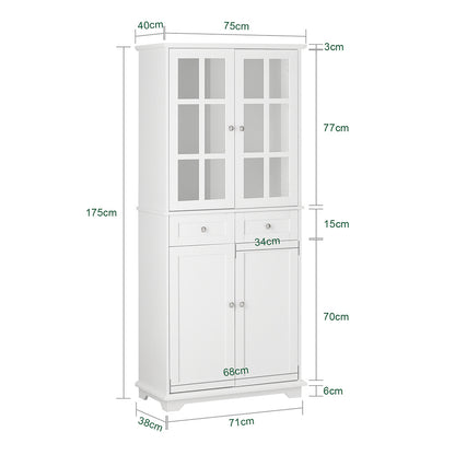 Dressoir – Buffetkast – Opbergkast – Ladekast – Commode – 75x40x175 cm – Wit MDF met Glas – Anti-Kantel Veiligheidsysteem