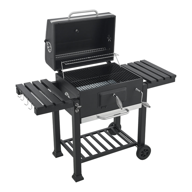 Grillwagen – Houtskoolbarbecue – Barbecuewagen – Tuingrill – BBQ Trolley – Zwart – Groot Grilloppervlak – Ingebouwde Thermometer
