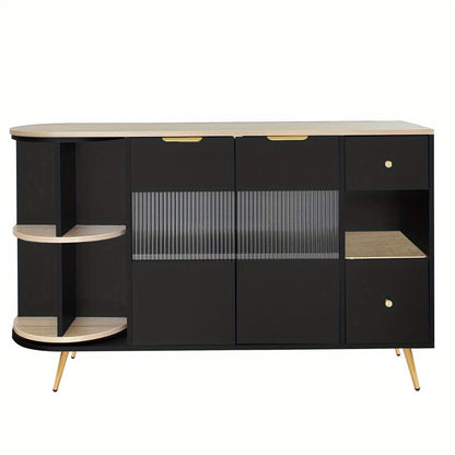 Dressoir – Opbergkast – Ladekast – Buffetkast – Wandkast – Zwart Met Schuifdeuren Van Glas – Vochtbestendig Niet-Houten Materiaal Met Gouden Accenten