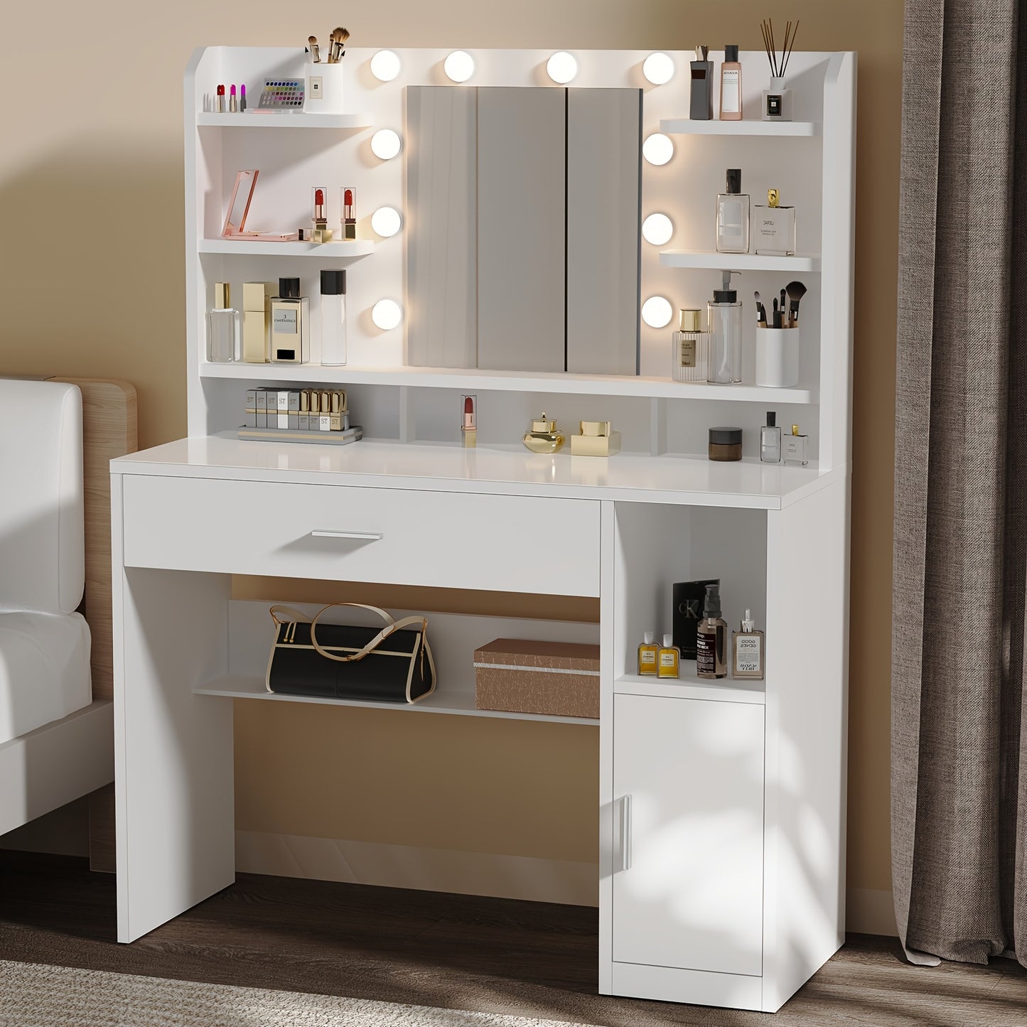 Kaptafel – Make-up Tafel – Dressing Table – Cosmeticatafel – Spiegeltafel – Wit – LED Verlichting Met Instelbare Helderheid – Opberglades En Open Vakken