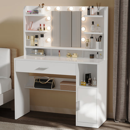 Kaptafel – Make-up Tafel – Dressing Table – Cosmeticatafel – Spiegeltafel – Wit – LED Verlichting Met Instelbare Helderheid – Opberglades En Open Vakken