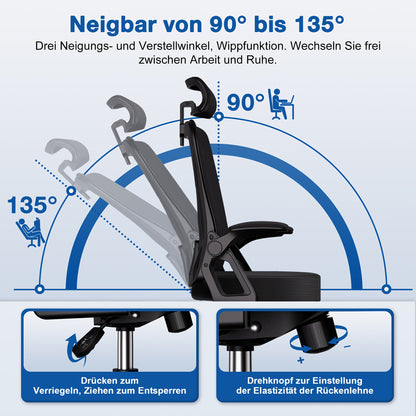 Ergonomic Office Chair with Adjustable Lumbar Support & Headrest, Folding Armrests, Foam Seat Suitable for & - Heavy-Duty, Assembly, Compatible for s (Desk Chair)