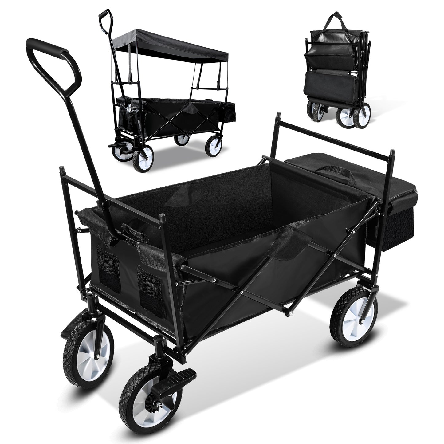 Transportwagen – Vouwkar – Handkar – Tuinkar – Strandkar – Inclusief Beschermend Dak – Stevig Stalen Frame – Zwart
