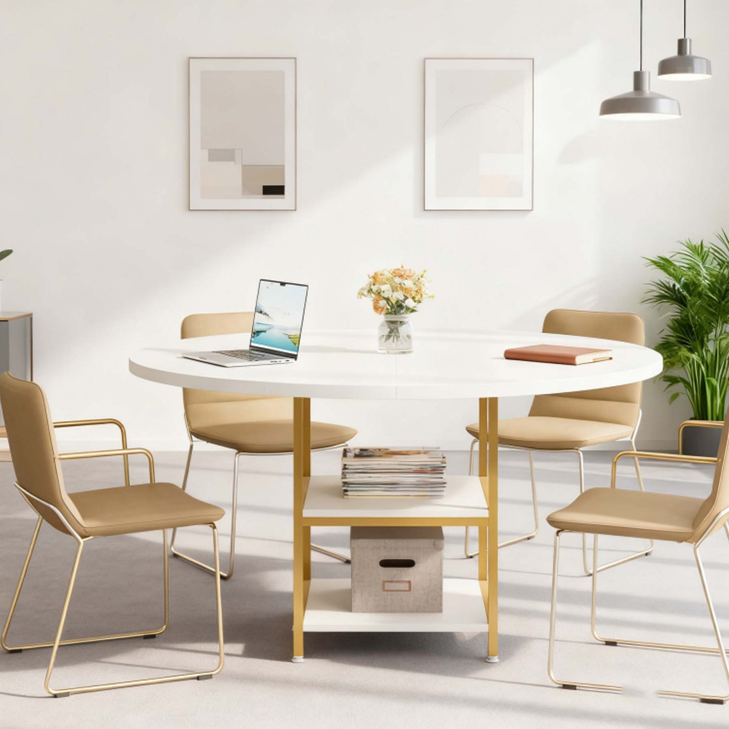 Ronde Vergadertafel – Conferentietafel – Meetingtafel – Bureaustafel – Kantoor­tafel – Wit & Goud Design – 47 Inch Rond – 2-Lagen Opbergrekken – Verstelbare Voetjes