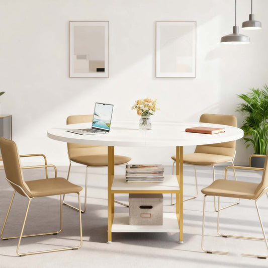 Ronde Vergadertafel – Conferentietafel – Meetingtafel – Bureaustafel – Kantoor­tafel – Wit & Goud Design – 47 Inch Rond – 2-Lagen Opbergrekken – Verstelbare Voetjes