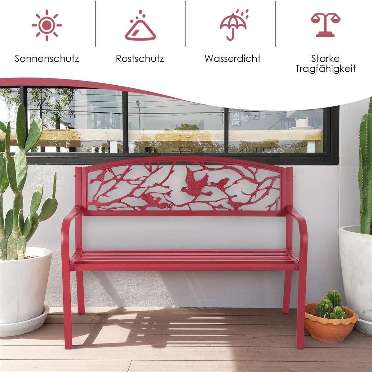 Tuinbank – Buitenbank – Parkbank – Zitbank – Balkonbank – Metaal – Gietijzer – 2-3 Zits – Weerbestendig Rood – Ergonomisch Comfort