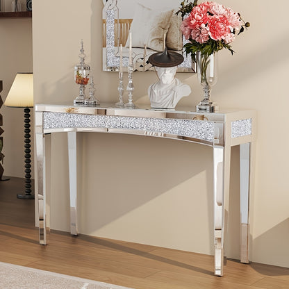Spiegelende Sidetable – Console Tafel – Bijzettafel – Halmeubel – Make-uptafel – Glamoureuze Diamantkristal Afwerking – 120x35x80,5 cm – Glas en Hout