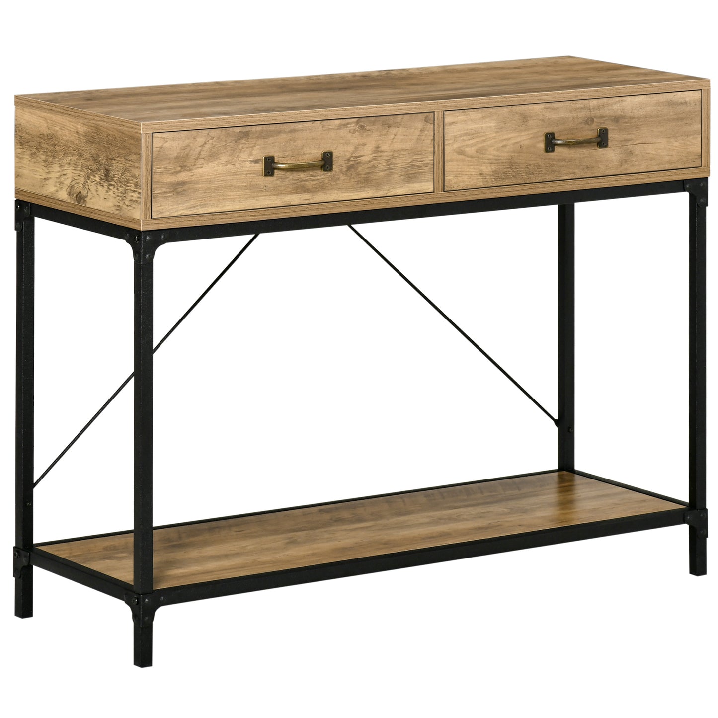 Sidetable – Consoletafel – Wandtafel – Haltafel – Bijzettafel – Industrieel Design – 2 Lades & Open Plank – 100x35x76 cm Houtlook & Metaal