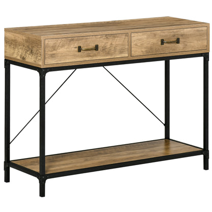 Sidetable – Consoletafel – Wandtafel – Haltafel – Bijzettafel – Industrieel Design – 2 Lades & Open Plank – 100x35x76 cm Houtlook & Metaal