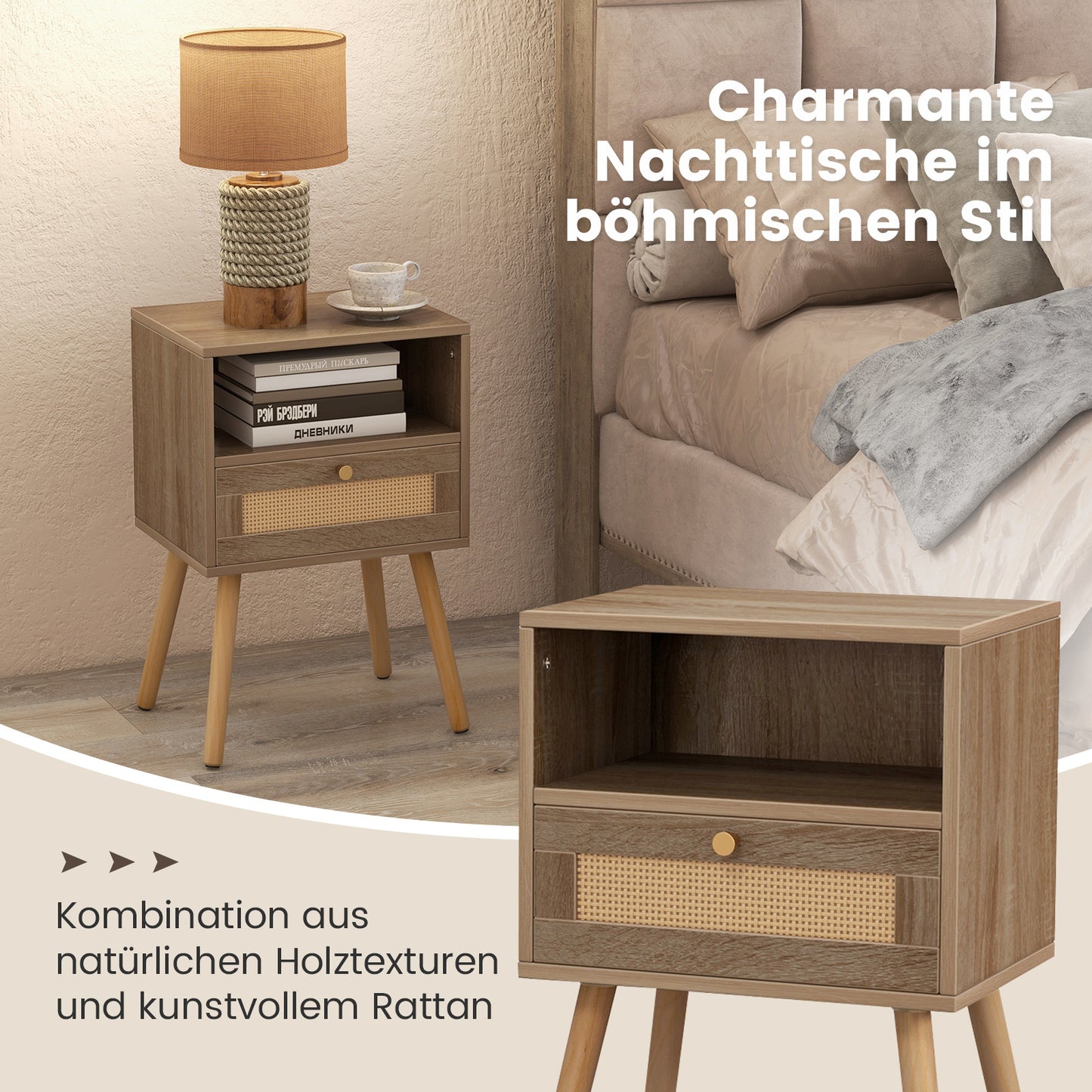 Nachtkastje Set – Bijzettafel – Bedkastje – Side Table – Nachtkastje Rattan – Massief Houten Poot – Set Van 2 – Ruime Lade – Compact 40x30x60,5 cm
