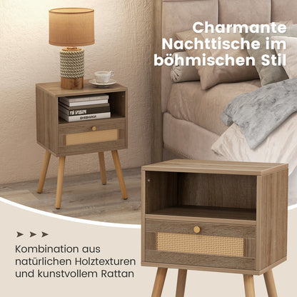 Nachtkastje Set – Bijzettafel – Bedkastje – Side Table – Nachtkastje Rattan – Massief Houten Poot – Set Van 2 – Ruime Lade – Compact 40x30x60,5 cm