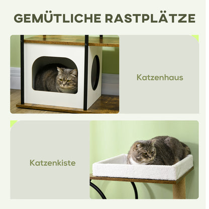 Krabpaal – Krabmeubel – Krabton – Klimpaal – Kattenhuis – 4 Niveaus – Kantelbescherming – 80x40x118,5 cm – Bruin/Wit