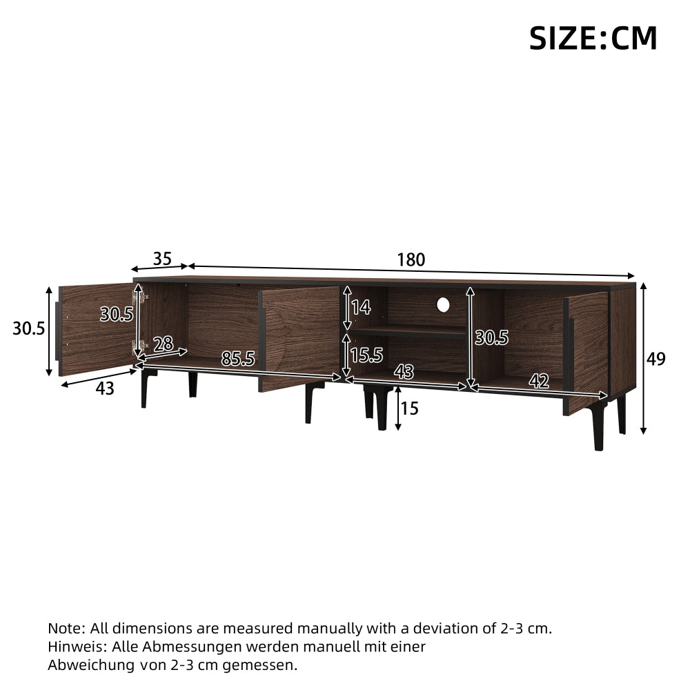 Modern Low-Profile TV Stand Compatible for 80-Inch TVs - Dark Walnut Media Console with Double Doors & Open Shelving, Heavy-Duty Metal Frame, Assembly (Living Room Furniture)