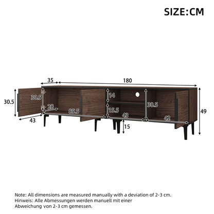 Modern Low-Profile TV Stand Compatible for 80-Inch TVs - Dark Walnut Media Console with Double Doors & Open Shelving, Heavy-Duty Metal Frame, Assembly (Living Room Furniture)