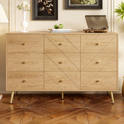 Ladenkast – Ladekast – Ladenkast – Ladekastje – Commode – 9 Lades – Stevige IJzeren Poten – Retro Geometrisch Patroon – Volledig Voorgemonteerd – Warme Bruintinten