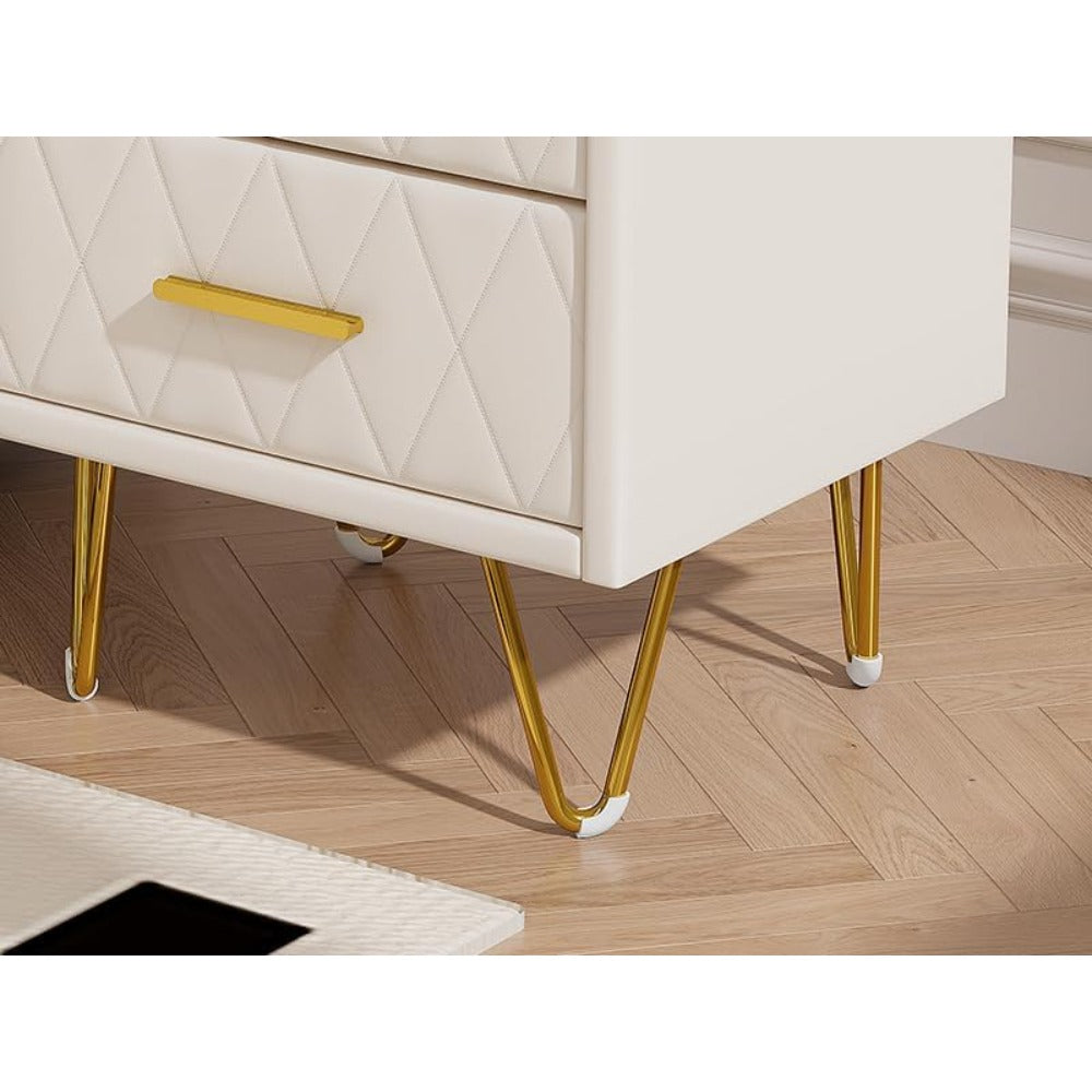 Nachtkastje – Bijzettafel – Bedtafel – Opbergkastje – Set Van 2 – Beige Met Gouden Metalen Poten – 2 Ruime Lades – Compact 41x36x51 cm