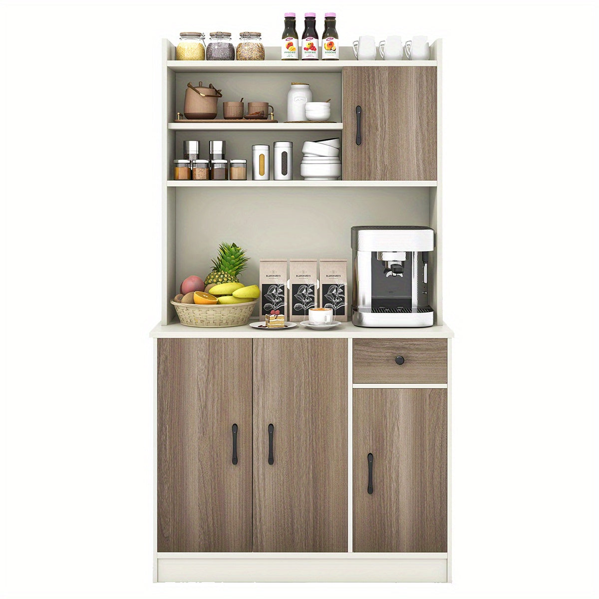 Four-Door Kitchen Buffet Storage Cabinet with Hutch, Freestanding Kitchen Pantry with Drawer, Large Open Space, Adjustable Shelves, Kitchen Pantry Cabinet, Pantry Cabinet for Kitchen, Kitchen Sideboard Cabinet, Pantry Cupboar