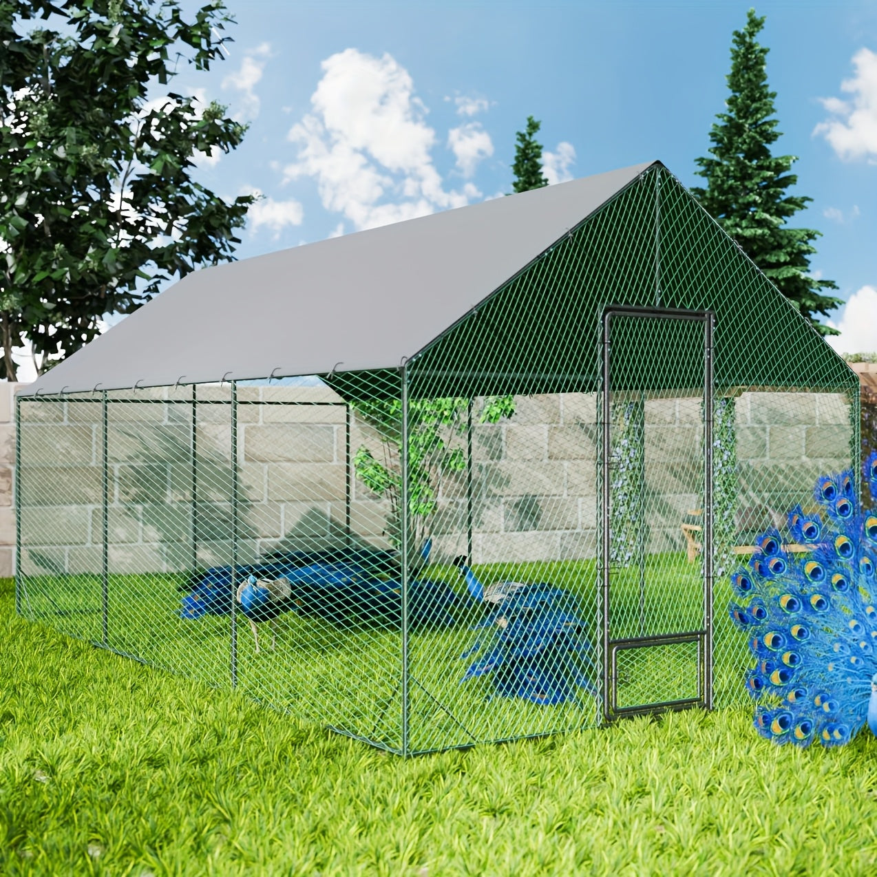 Buitenren met Kippenhok – Kippenren – Konijnenhok – Vogelren – Dierenren – Gegalvaniseerd Staal – UV- en Waterbestendig Zonnescherm – Variant L