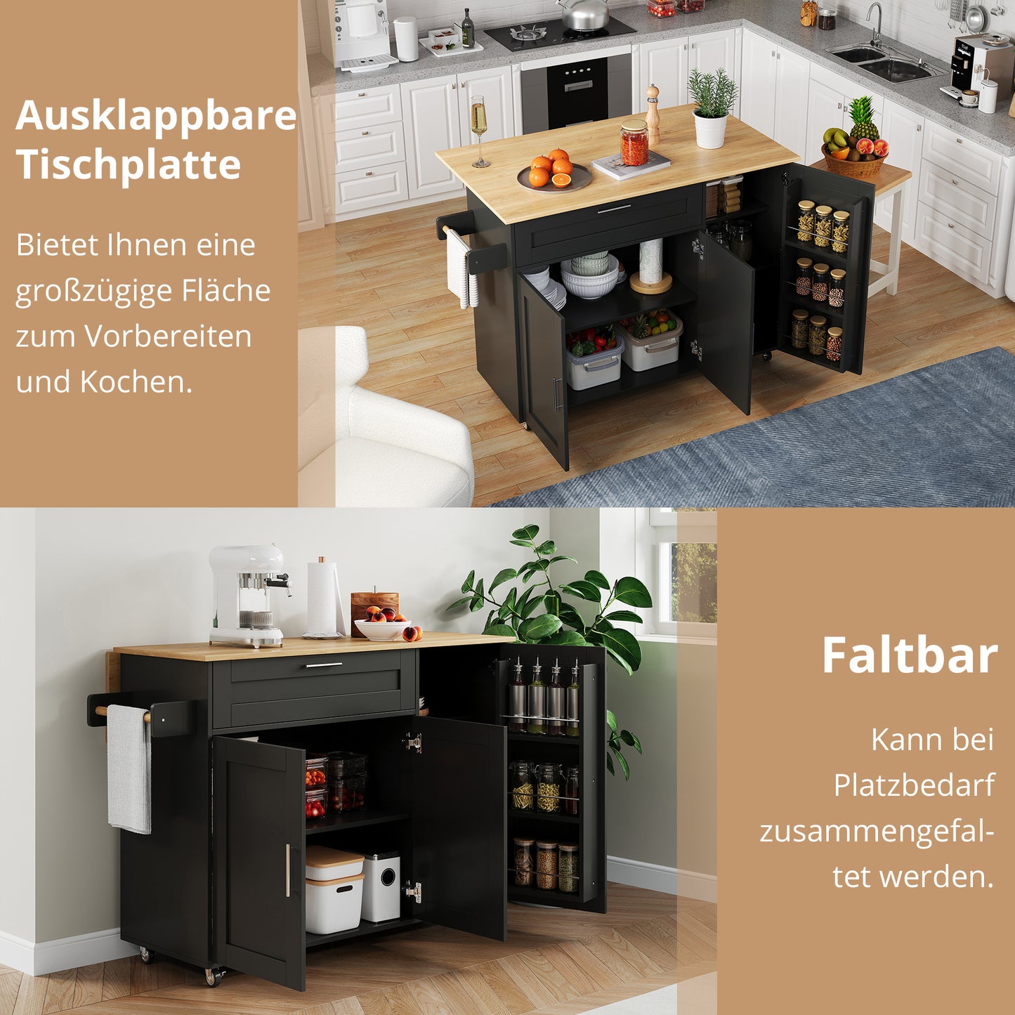Keukentrolley – Keukenwagen – Serveerwagen – Keukenrek – Mobiele Keukentrolley – Uitschuifbaar Werkblad – 132,5x44-70x90 cm – Hout Met Eikenlook
