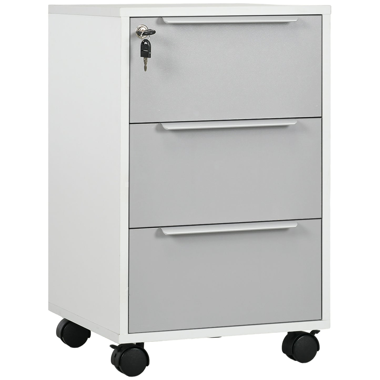 Ladeblok – Ladekast – Archiefkast – Rolcontainer – Ladekast Op Wieltjes – 3 Laden Met Slot – MDF Wit & Grijs – Mobiele Opbergruimte 40x40x63,5 cm