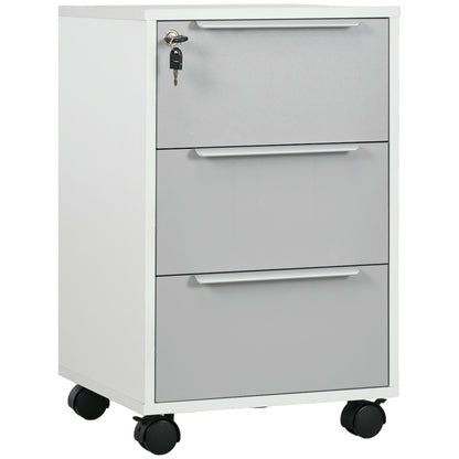 Ladeblok – Ladekast – Archiefkast – Rolcontainer – Ladekast Op Wieltjes – 3 Laden Met Slot – MDF Wit & Grijs – Mobiele Opbergruimte 40x40x63,5 cm