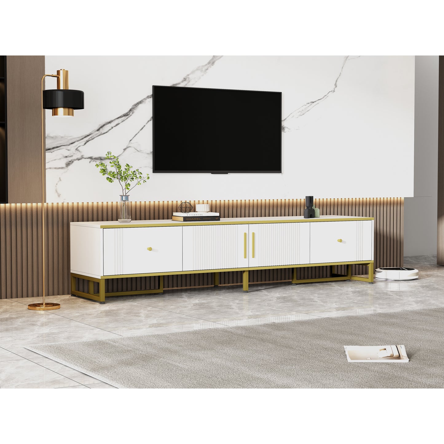 Tv Kast – TV Meubel – Lowboard – TV Dressoir – Media Meubel – Elegant Wit Met Gouden Rand – 180x40x40 cm – Voor Televisies Tot 80 Inch