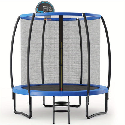 Trampoline – Springkussen – Springnet – Mini Trampoline – Rebounder – Met Veiligheidsnet – Ronde Trampoline 203 cm – Gegalvaniseerd Staal – Basketbalring – Antislip Ladder – Blauw