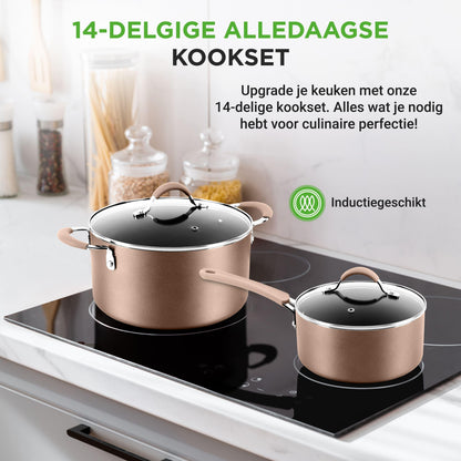 Pannenset – Kookset – Koekenpannen – Kookpannen – Braadpan – 14-delig – Aluminium met Anti-aanbaklaag – Geschikt voor Inductie – Gouden Uitvoering