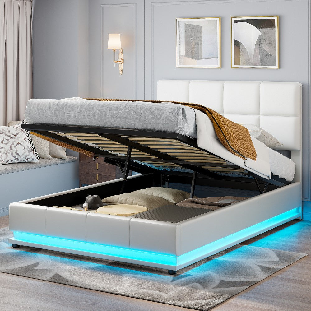 Dubbel Opbergbed – Stapelbed – Slaapbank – Logeerbed – Bed Met Opbergruimte – 140x190 cm – LED-verlichting En USB-Laadfunctie – PU-Leder Met Metalen Frame
