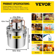 Vevor - Alcohol Distiller - 36 L - Roestvrij staal - ontworpen voor zowel amateur- als professionele distilleerders - Zilver - QUORE